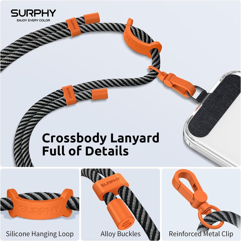 SURPHY Phone Lanyard, Adjustable Phone Strap Crossbody with 2 Pack Cell Phone Tether Tab, Premium Metal Buckles and Two-Color Braided Cell Phone Lanyard Crossbody for Women and Men, Black & Grey - Image 2
